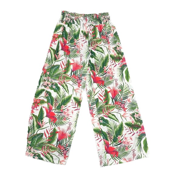 Women's Tropical Print Pants Elastic Waist Pink Green White Size XL Drawstring - Picture 1 of 5